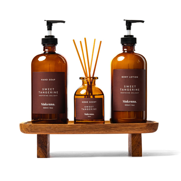 Glass Hand Soap, Body Lotion & Home Scent + Wooden Tray Set